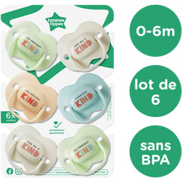 Lot de 6 sucettes closer to nature classique 0-6 mois Tommee tippee