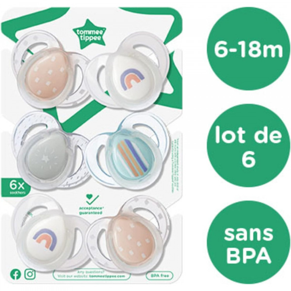 Lot de 6 sucettes nuit closer to nature classique 6-18 mois garçon Tommee tippee