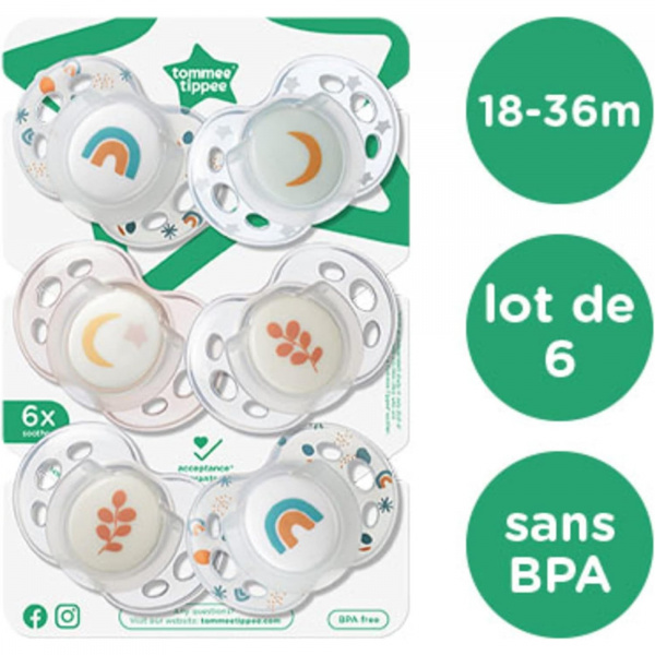 Lot de 6 sucettes nuit closer to nature classique 18-36 mois garçon Tommee tippee
