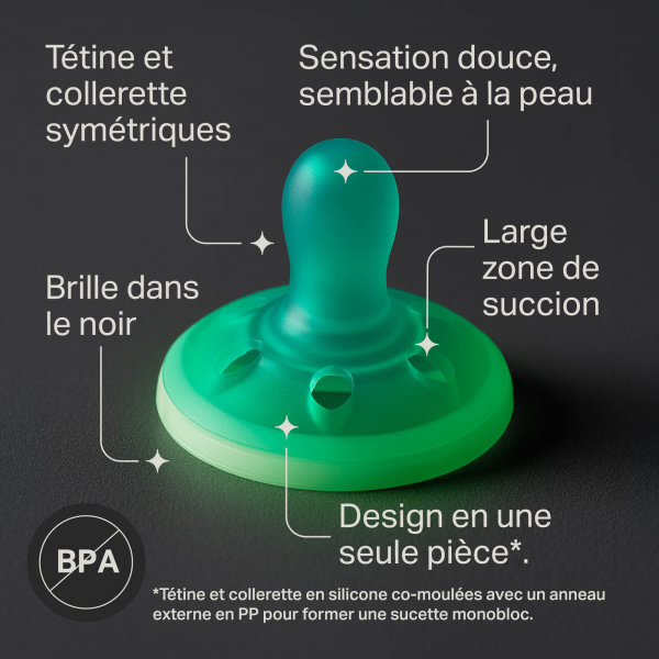 Lot de 4 sucettes silicone bébé 6-18 mois phosphorescentes Tommee tippee