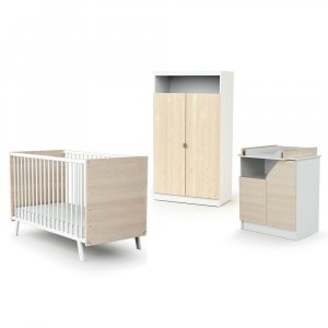 Chambre trio carnaval lit + armoire + meuble à langer blanc et bouleau At4