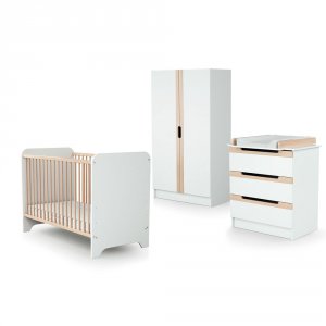 Chambre trio carrousel lit 60x120 cm + commode à langer + armoire blanc et hêtre At4