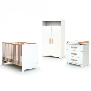 Chambre trio gavroche lit bébé 60x120 + commode à langer + armoire blanc et hêtre At4