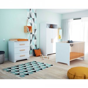 Chambre trio gavroche lit bébé 60x120 + commode à langer + armoire blanc et hêtre At4