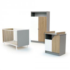 Chambre trio carnaval lit + armoire + meuble à langer blanc, gris et chêne At4