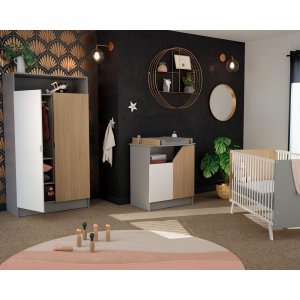 Chambre trio carnaval lit + armoire + meuble à langer blanc, gris et chêne At4