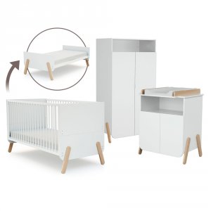 Chambre trio pirate lit 70x140 cm + meuble à langer + armoire blanc et hêtre verni At4