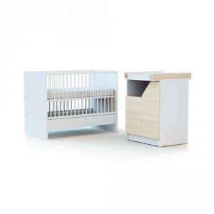 Chambre duo carnaval lit combiné 60x120 + meuble à langer décor bouleau At4