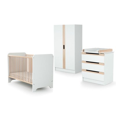 Chambre trio carrousel lit 60x120 cm + commode à langer + armoire blanc et hêtre