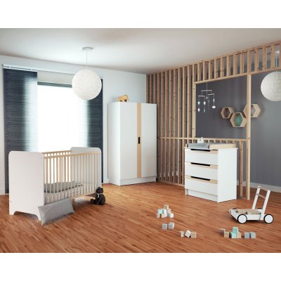 Chambre trio carrousel lit 60x120 cm + commode à langer + armoire blanc et hêtre