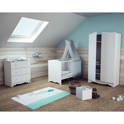Chambre trio marelle lit 60x120 cm + commode à langer + armoire blanc