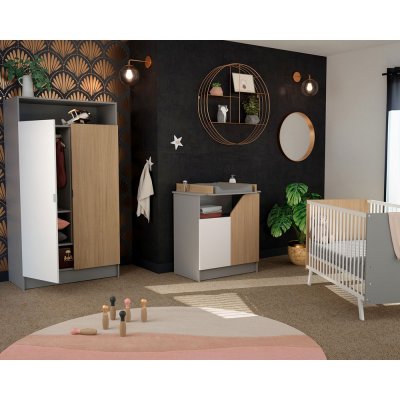 Chambre trio carnaval lit + armoire + meuble à langer blanc, gris et chêne