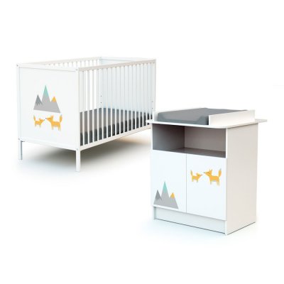 Chambre duo lit bébé 60x120 cm et meuble à langer webaby renard gris