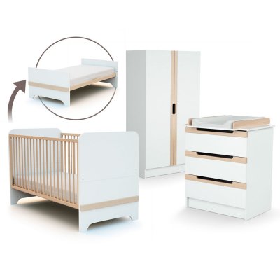 Chambre trio carrousel lit évolutif 70x140 cm + commode à langer + armoire blanc et hêtre