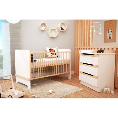 Chambre trio carrousel lit évolutif 70x140 cm + commode à langer + armoire blanc et hêtre