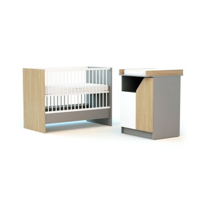 Chambre duo carnaval lit combiné 60x120 + meuble à langer blanc, bouleau et chêne
