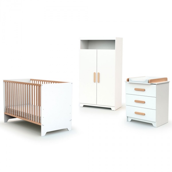 Chambre trio gavroche lit bébé 60x120 + commode à langer + armoire blanc et hêtre At4