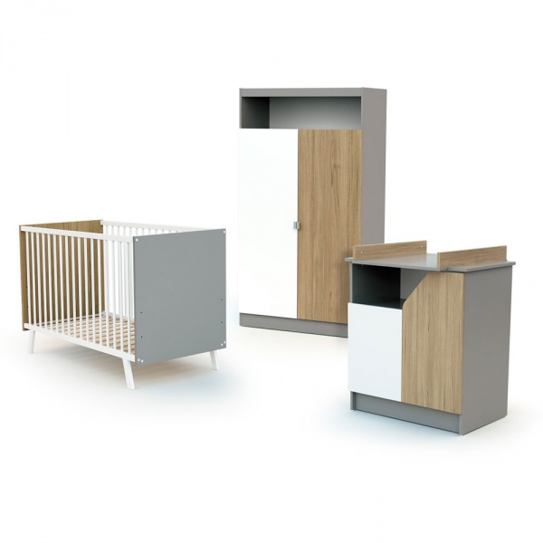 Chambre trio carnaval lit + armoire + meuble à langer blanc, gris et chêne At4