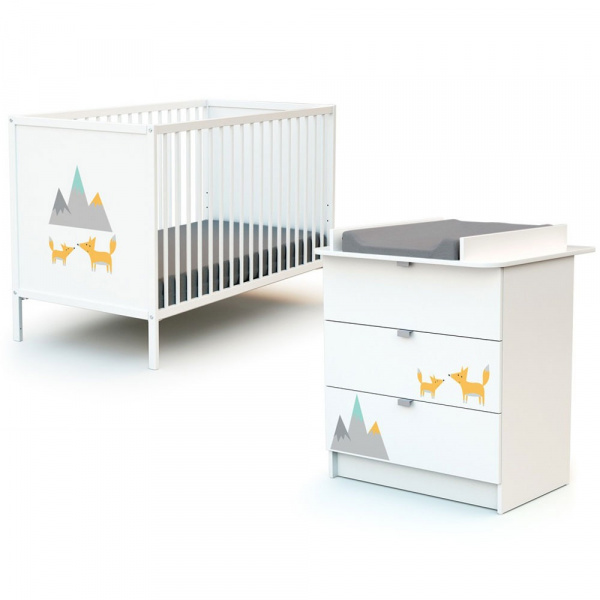 Chambre duo lit bébé 60x120 cm et commode à langer webaby blanc At4