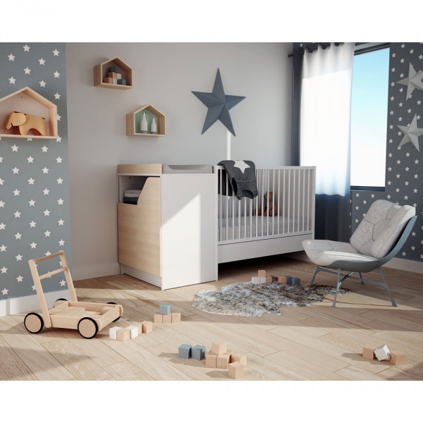 Chambre duo carnaval lit combiné 60x120 + meuble à langer décor bouleau At4