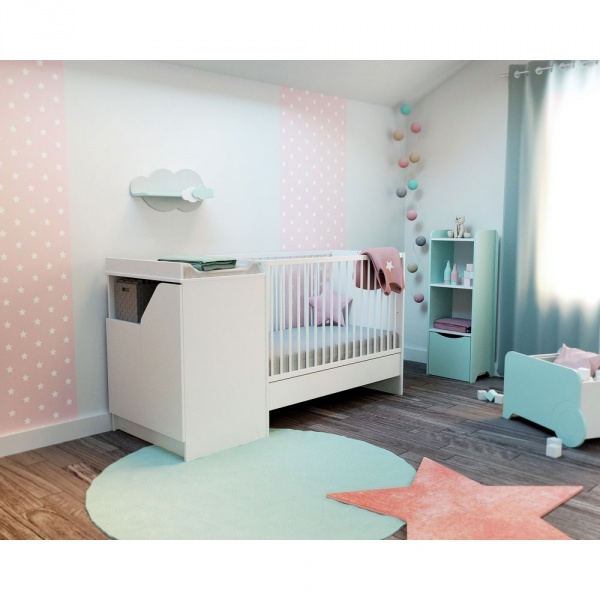 Chambre duo carnaval lit combiné 60x120 + meuble à langer blanc At4