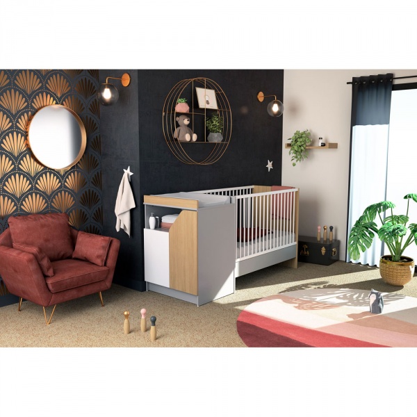 Chambre duo carnaval lit combiné 60x120 + meuble à langer blanc, bouleau et chêne At4