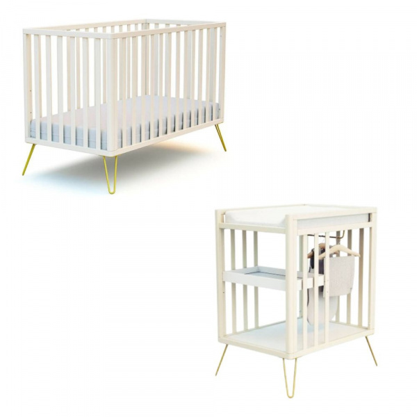 Chambre duo lit bébé only de jurababy blanc perle et jaune 60x120 + table a langer At4