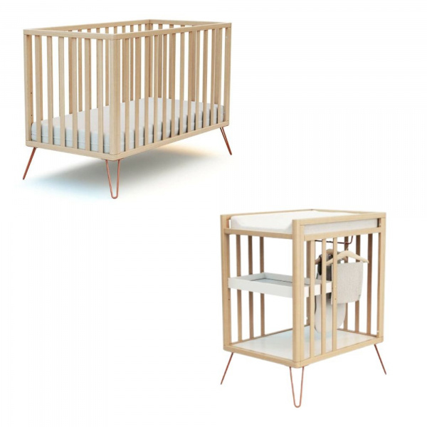 Chambre duo lit bébé only de jurababy 60x120 hêtre et terracotta + table a langer At4