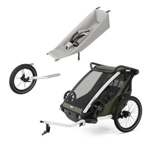 Pack remorque vélo chariot lite 2 places vintage green + assise pour nouveau-né infant sling + kit jogging Thule