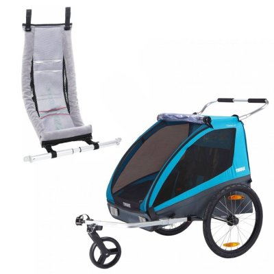 Pack remorque vélo coaster xt blue + assise pour nouveau-né infant sling