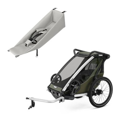 Pack remorque vélo chariot lite 1 place vintage green + assise pour nouveau-né infant sling