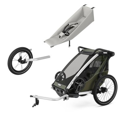 Pack remorque vélo chariot lite 1 place vintage green + assise pour nouveau-né infant sling + kit jogging
