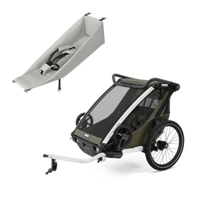 Pack remorque vélo chariot lite 2 places vintage green + assise pour nouveau-né infant sling