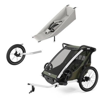 Pack remorque vélo chariot lite 2 places vintage green + assise pour nouveau-né infant sling + kit jogging