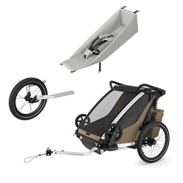 Pack remorque vélo chariot cross 2 faded khaki + assise pour nouveau-né infant sling + kit jogging Thule