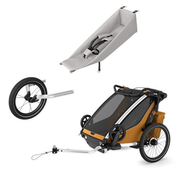 Pack remorque vélo chariot sport 2 natural gold + assise pour nouveau-né infant sling + kit jogging Thule