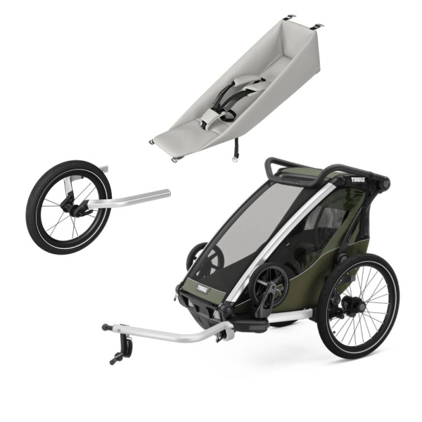 Pack remorque vélo chariot lite 1 place vintage green + assise pour nouveau-né infant sling + kit jogging Thule