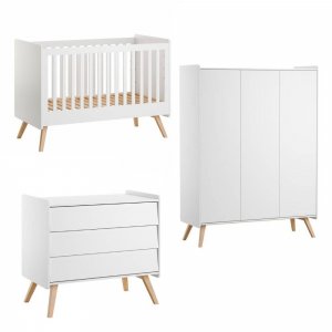 Chambre trio lit bébé évolutif 70 x 140 cm + commode 3 tiroirs + armoire 3 portes vintage blanc Vox