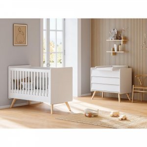 Chambre duo lit bébé évolutif 70 x 140 cm + commode 3 tiroirs vintage blanc Vox