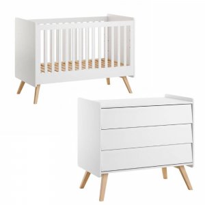 Chambre duo lit bébé évolutif 70 x 140 cm + commode 3 tiroirs vintage blanc Vox
