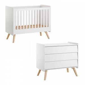 Chambre duo lit bébé 60 x 120 cm + commode vintage blanc Vox