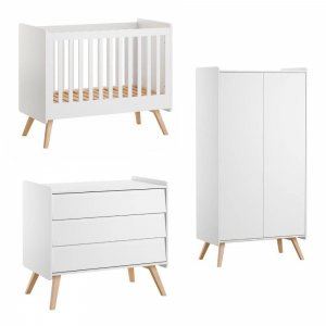 Chambre trio lit bébé 60 x 120 cm + commode 3 tiroirs + armoires 2 portes vintage blanc Vox