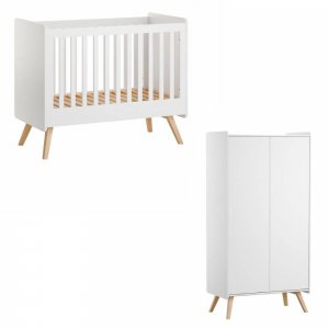 Chambre duo lit bébé 60 x 120 cm + armoire 2 portes vintage blanc Vox