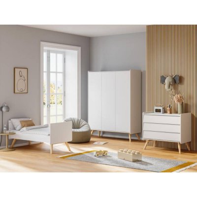 Chambre trio lit bébé évolutif 70 x 140 cm + commode 3 tiroirs + armoire 3 portes vintage blanc