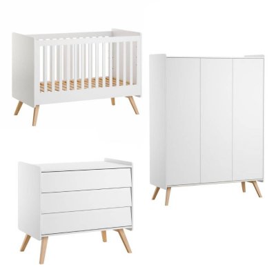 Chambre trio lit bébé évolutif 70 x 140 cm + commode 3 tiroirs + armoire 3 portes vintage blanc