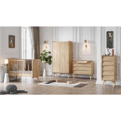 Chambre bébé trio lit 70x140 + commode + armoire bois - collection vintage