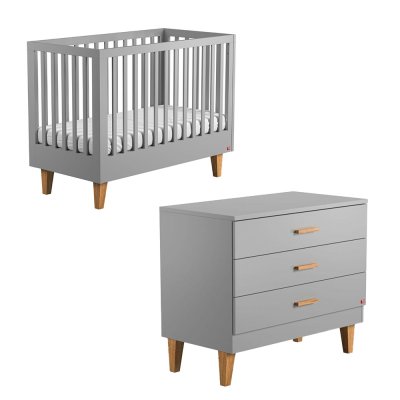 Chambre bébé duo lit 70x140 + commode gris clair et bois lounge