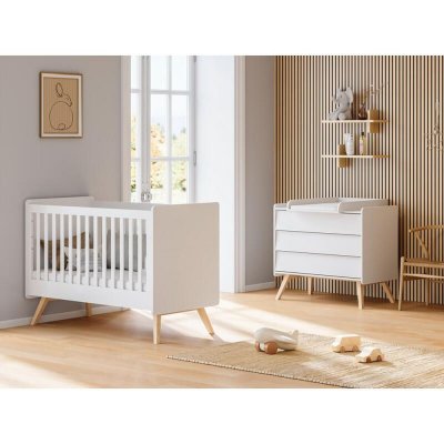 Chambre duo lit bébé évolutif 70 x 140 cm + commode 3 tiroirs vintage blanc