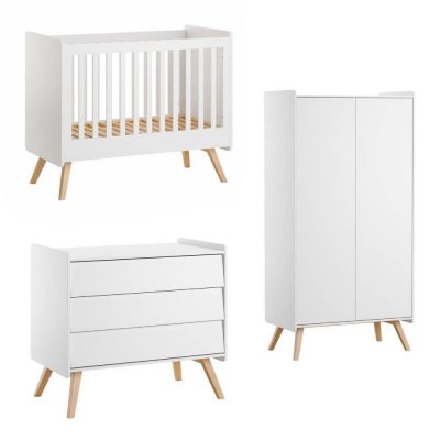 Chambre trio lit bébé 60 x 120 cm + commode 3 tiroirs + armoires 2 portes vintage blanc