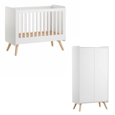 Chambre duo lit bébé 60 x 120 cm + armoire 2 portes vintage blanc